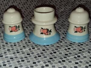 Vintage Blue and White Salt & Pepper Shakers w/ Apple Pattern and Candle Holder